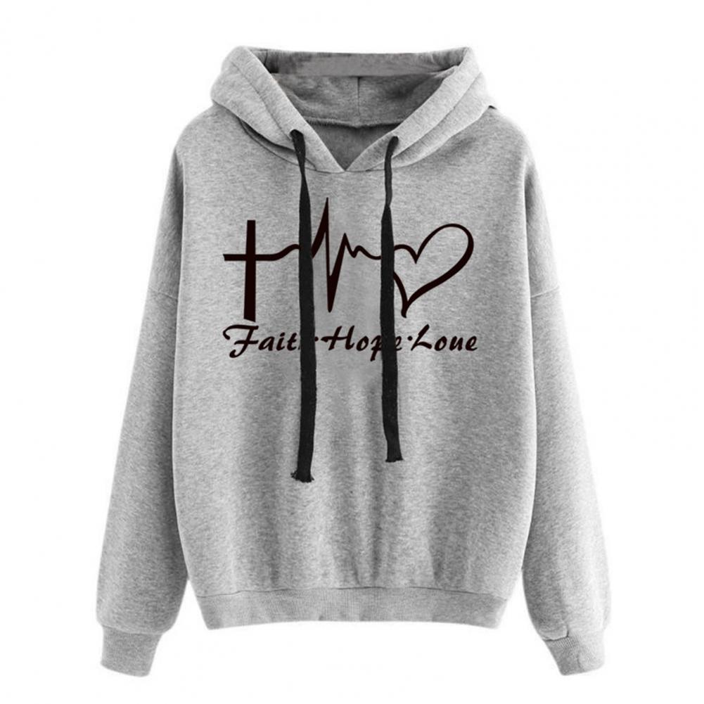 Streetwear Hoodie Heart Print Letters Spring Autumn Pure Color All Match Sweatshirt for Daily Wear