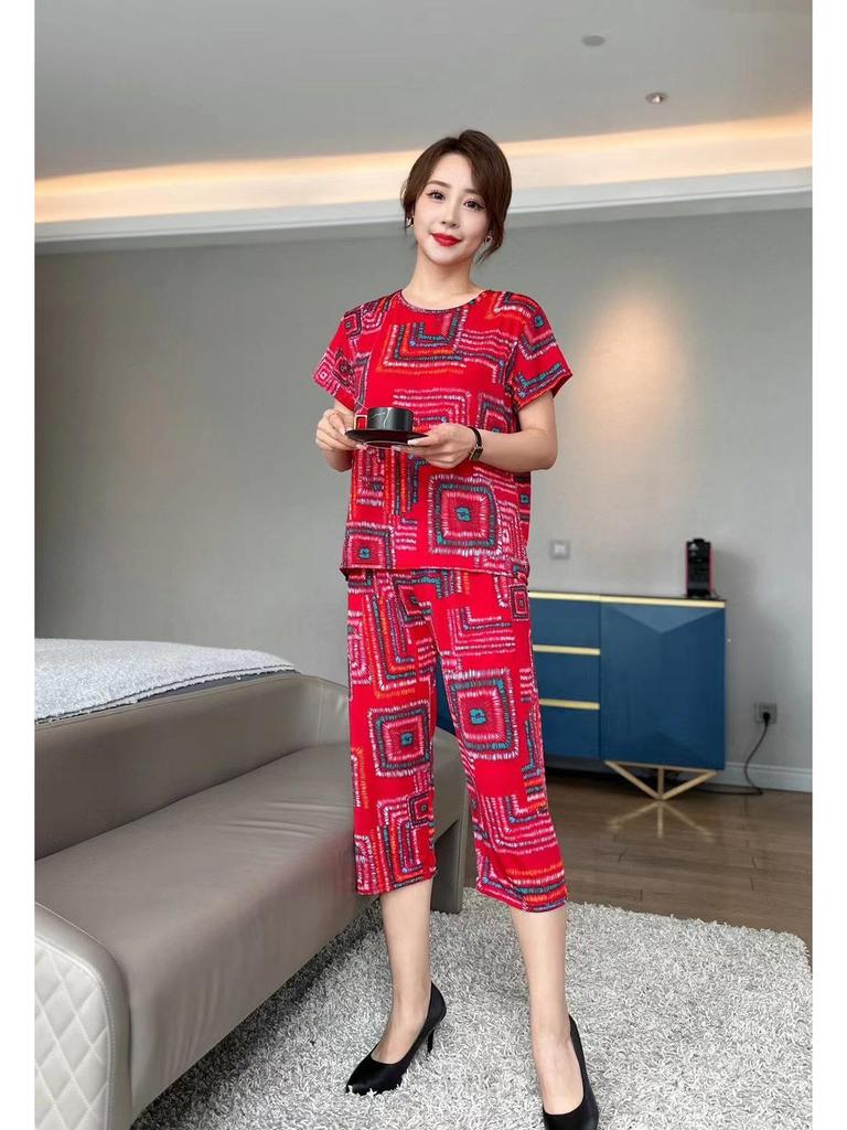 Autumn Ice Silk Two-Piece Set for Women: Loose, Elastic, Short Sleeve Homewear for Middle-Aged and Elderly