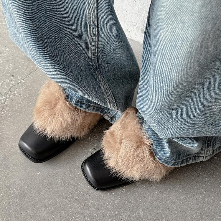 First layer cowhide~ Korean version temperament 5.5cm thick heel square head wool single shoes women's 2025 new plush shoes