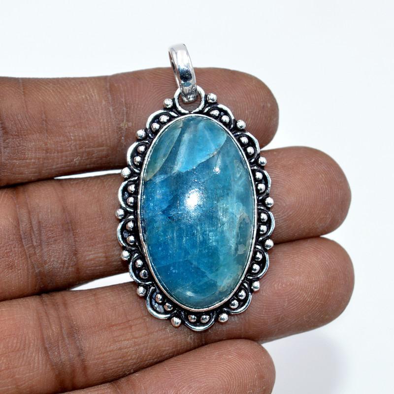 Blue Apatite Pendant Natural Gemstone 925 Sterling Silver Handmade Pendant Gift For Her