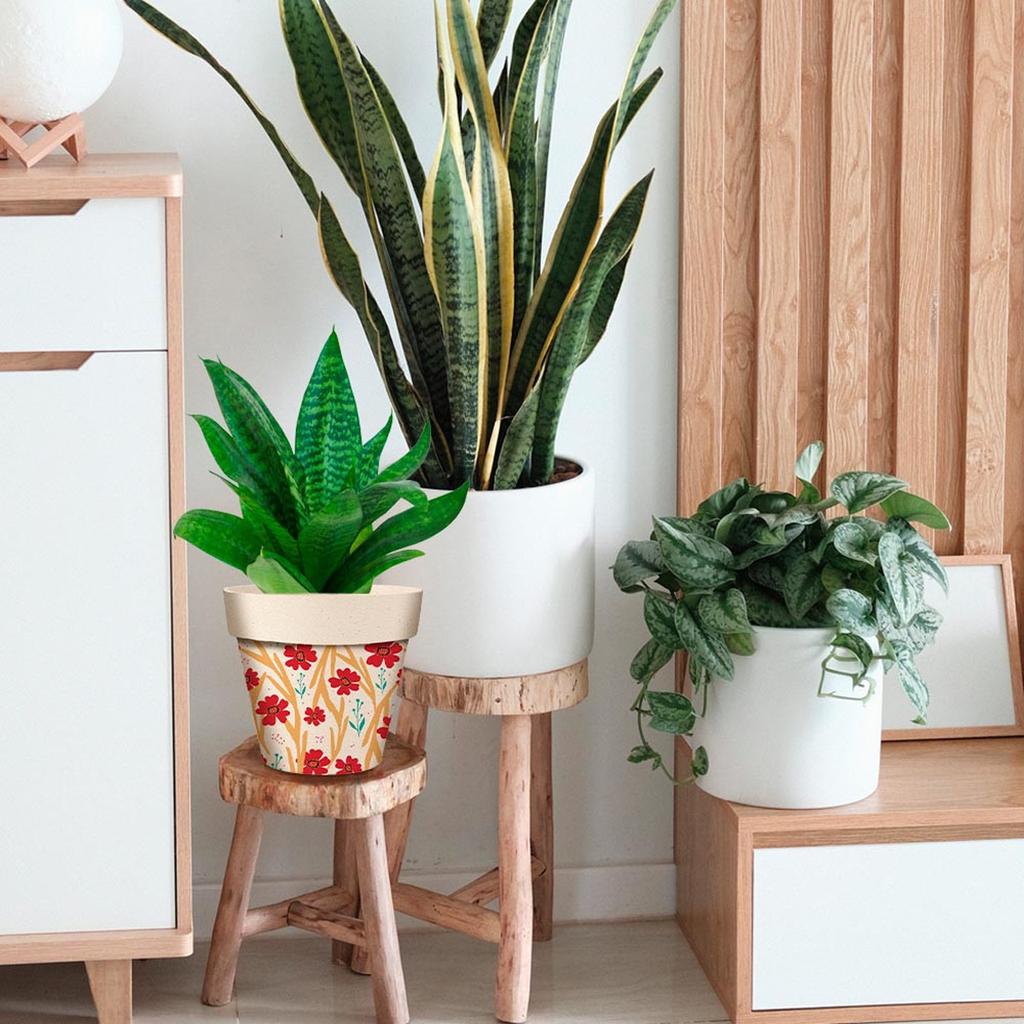 Les Trésors De Lily [A2161] - Bamboo Plant Pot 'Flowers' Red Beige - 22x21 Cm