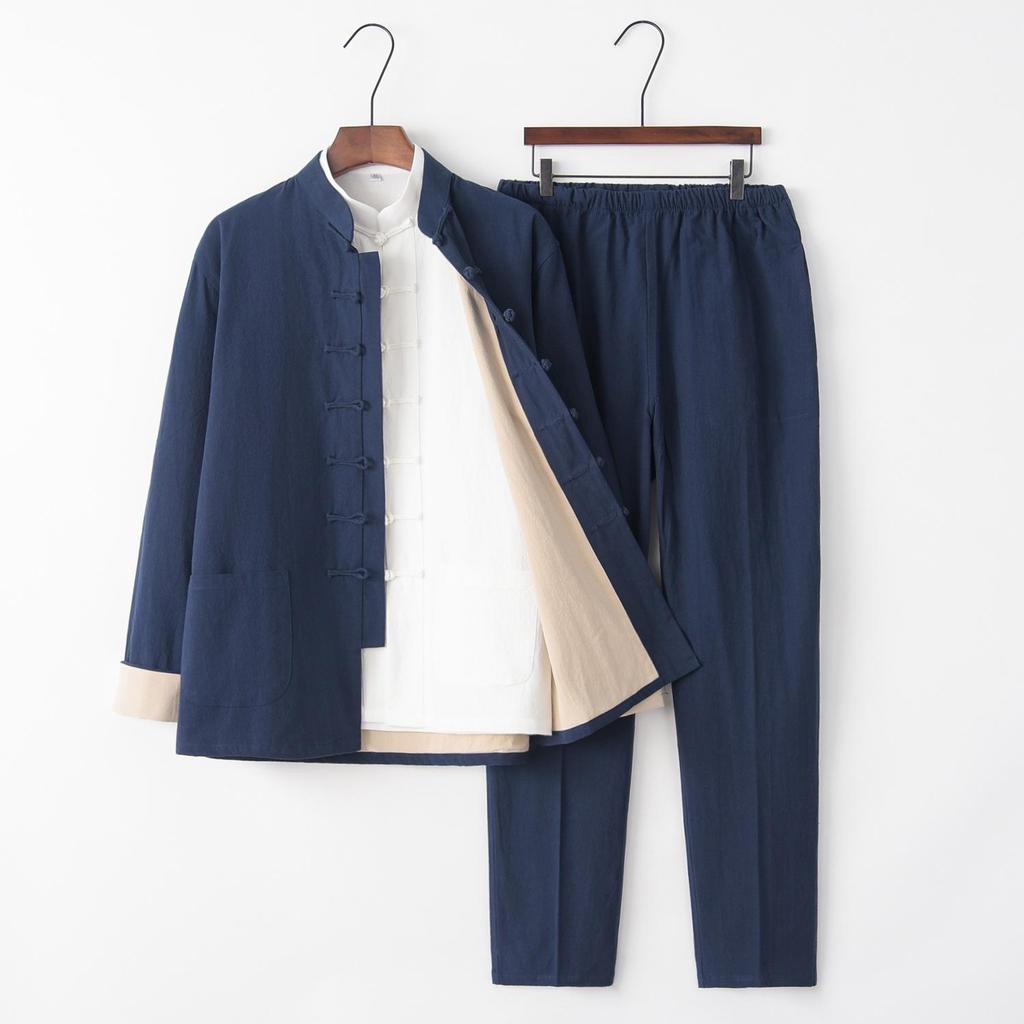 Men's Chinese Tang Suit: Cotton Linen Three-Piece Set with Stand Collar - Zen Meditation Outfit for Spring and Autumn