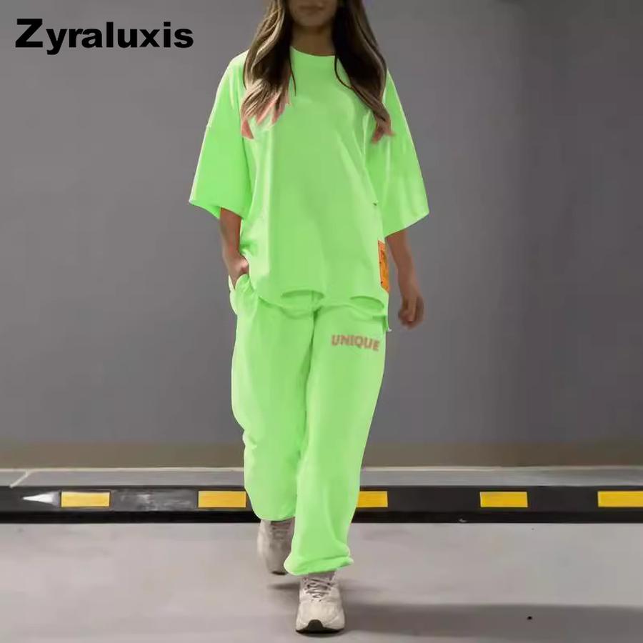 Summer Women's Loose Hollow Crew Neck T-Shirt Top Pants Set Two Piece Outfit