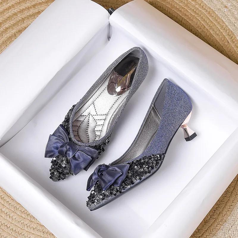 Pantofi cu toc înalt și subțire pentru femei, toc înalt, de lux, cu model Bling Bow, tocuri Mary Jane, tocuri elegante pentru femei, tocuri înalte și plate