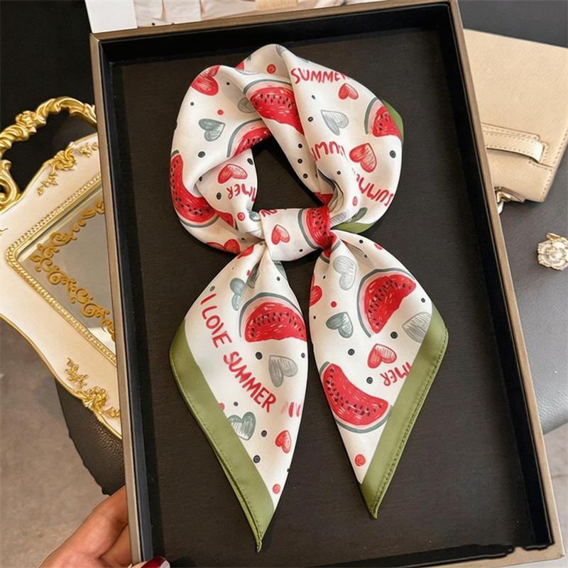 Cute Watermelon Fruit Print Square Scarf Satin Silk Lightweight Bandana for Women Beach Vacation Outfit Neck Hair Accessory