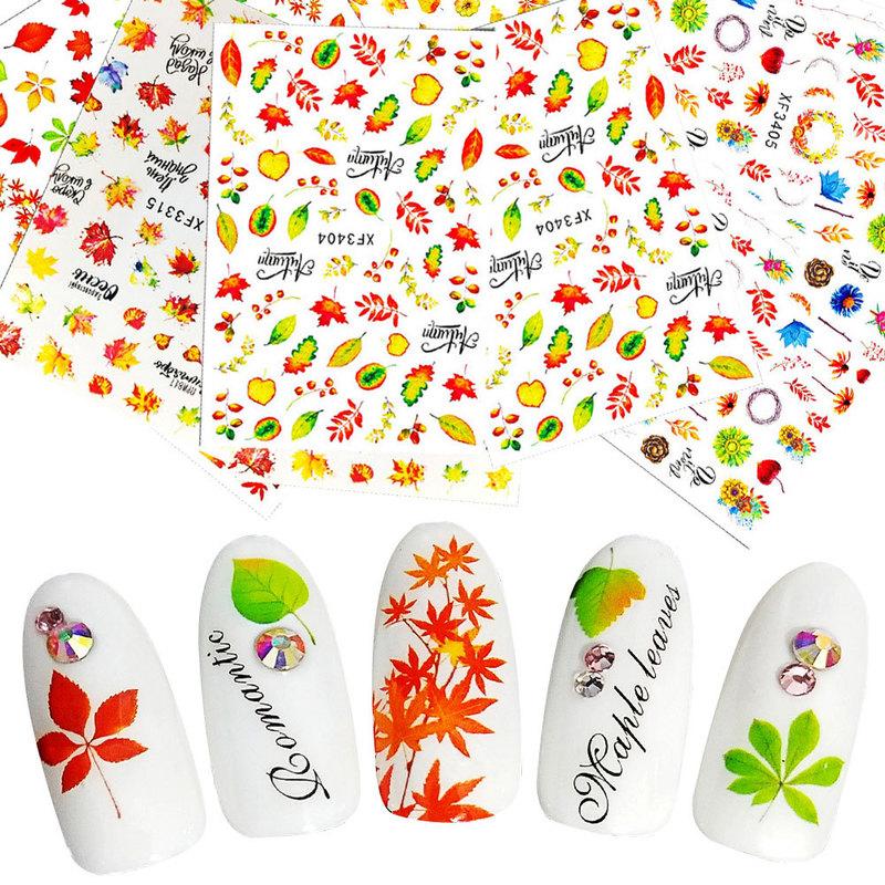 12 Sheet/set 3D Nail Stickers Autumn Winter Maple Leaf Transfer Sliders Paper Nail Decals for Manicures Wraps Tip