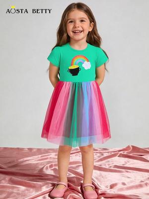 Europäischer Stil Regenbogen-Stickerei Prinzessinnenkleid für Kinder - Gestrickter Baumwoll-Netzrock