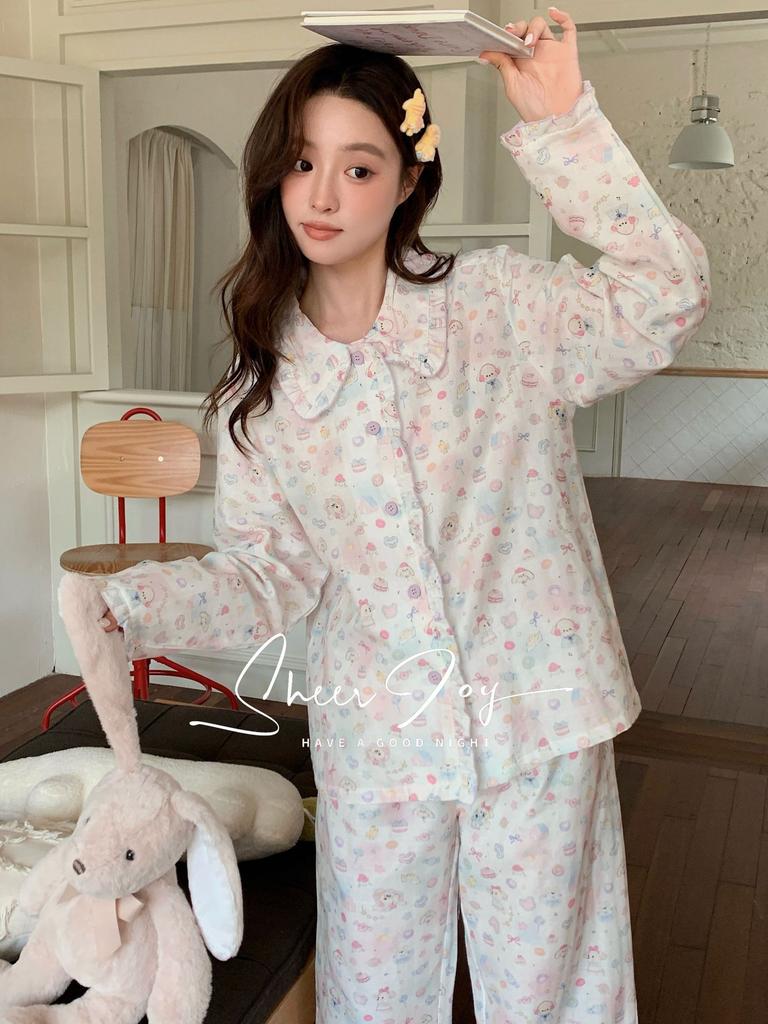 New Xiaohongshu pure cotton A gauze women's loungewear long sleeves trousers pajamas women's autumn jasmine tea