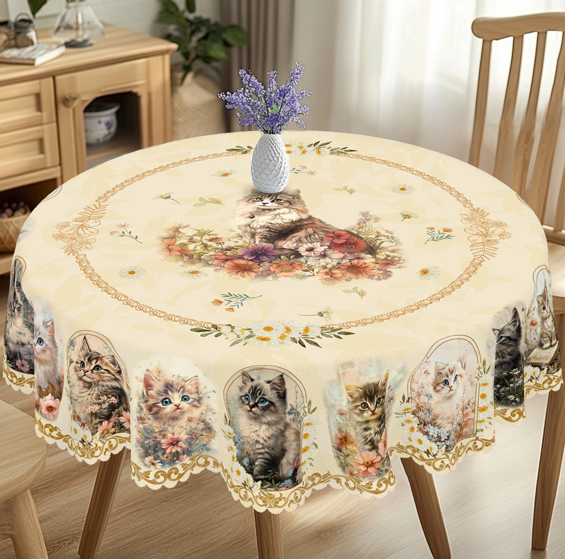 Vintage Gouden Lente Kat Bloemenprint Ronde Tafelkleed Schattig Huisdier Patroon Keuken Eettafelhoes Binnen Buiten Feest Decoratie Cadeau 140X180Cm