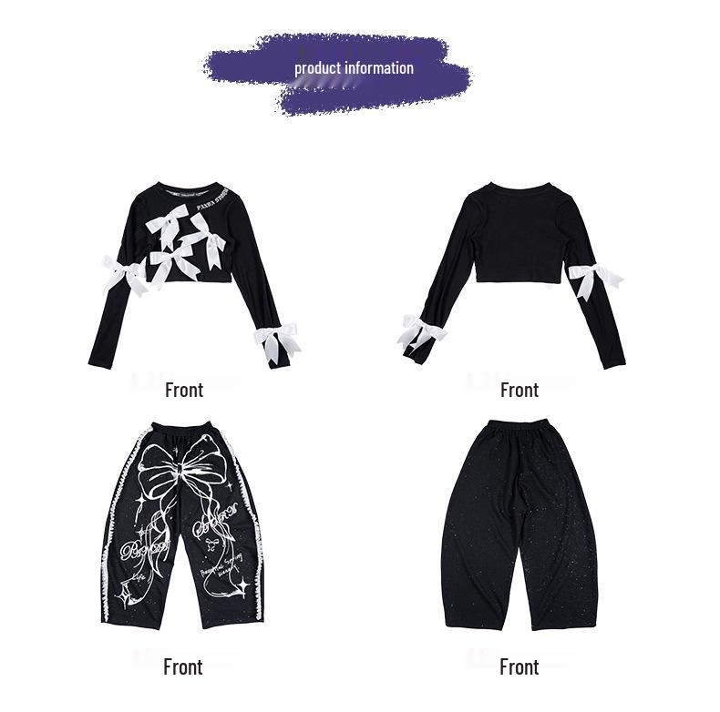 Ținută de Dans Jazz pentru Copii: Set Tricou cu Mânecă Lungă și Pantaloni cu Fundă Dulce și Cool pentru Spectacole pe Stradă