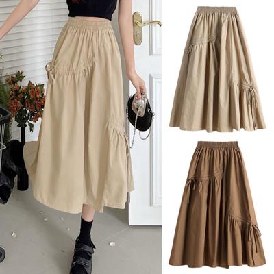 Women Summer Skirt Elastic High Waist Pleated Skirt Solid Color Irregular Drawstring Large Hem A-Line
