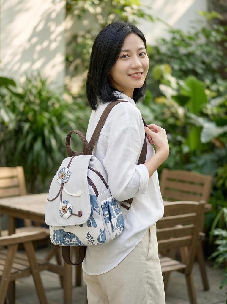 Handgewebter Canvas-Rucksack im Ethno-Stil mit Elefantenstickerei für Freizeit, Reisen und Studenten