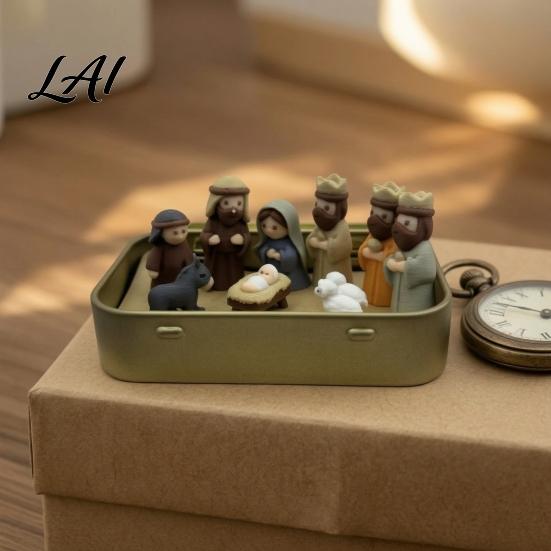 Miniature Nativity Set Mini in Tin Box 3D Printed Pocket Scene Set Small for Desk Christmas Holy Family Jesus Figurines Easter Decoration