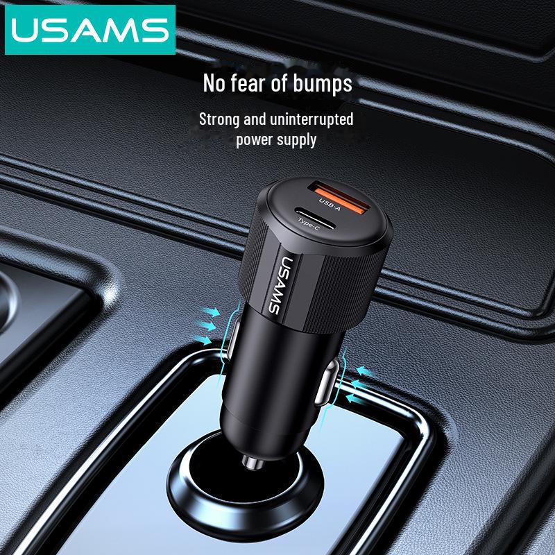 USAMS Dual Car Charger for iPhone: Cigarette Lighter & Type-C, PD60W