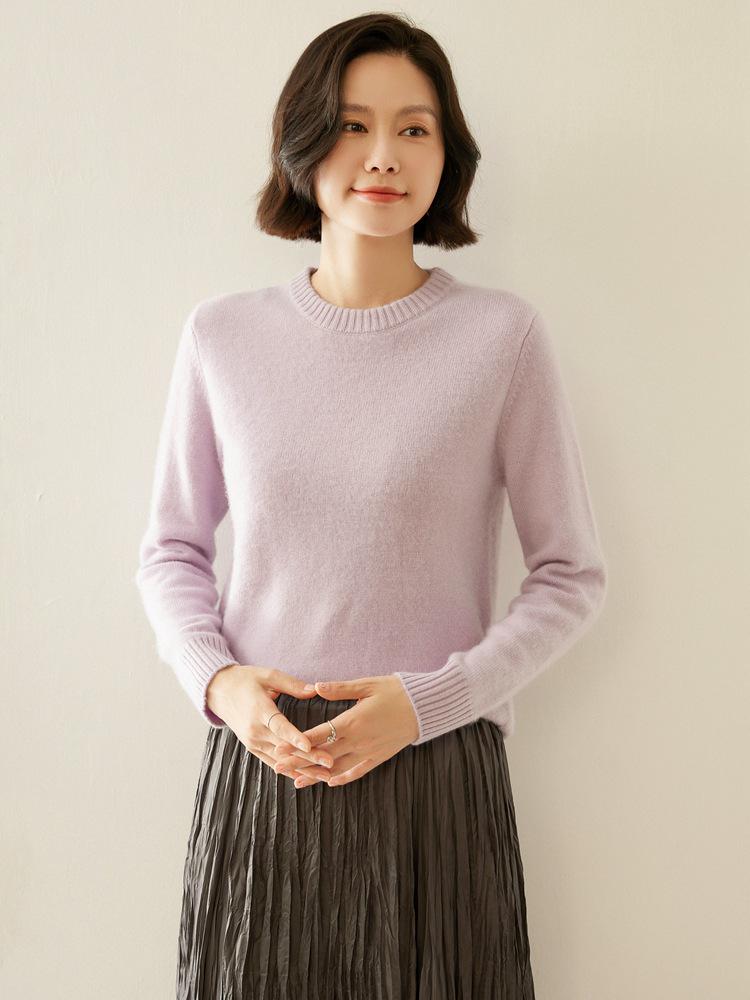Women's Elegant Round Neck Cashmere Sweater - Autumn/Winter 2026 Collection, Solid Color, Loose Fit, Slimming Flat Knit Base Layer