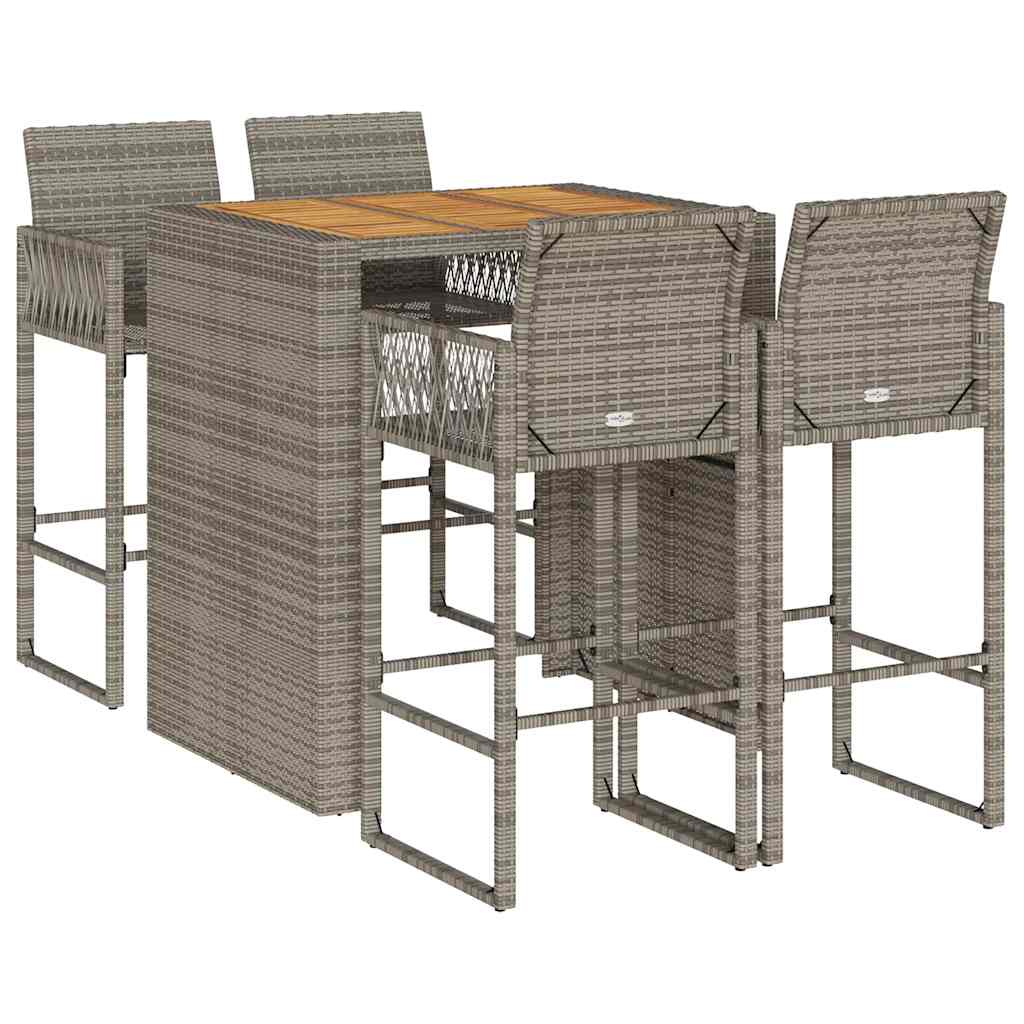 5 Piece Garden Bar Set without Cushions Grey Poly Rattan & Acacia