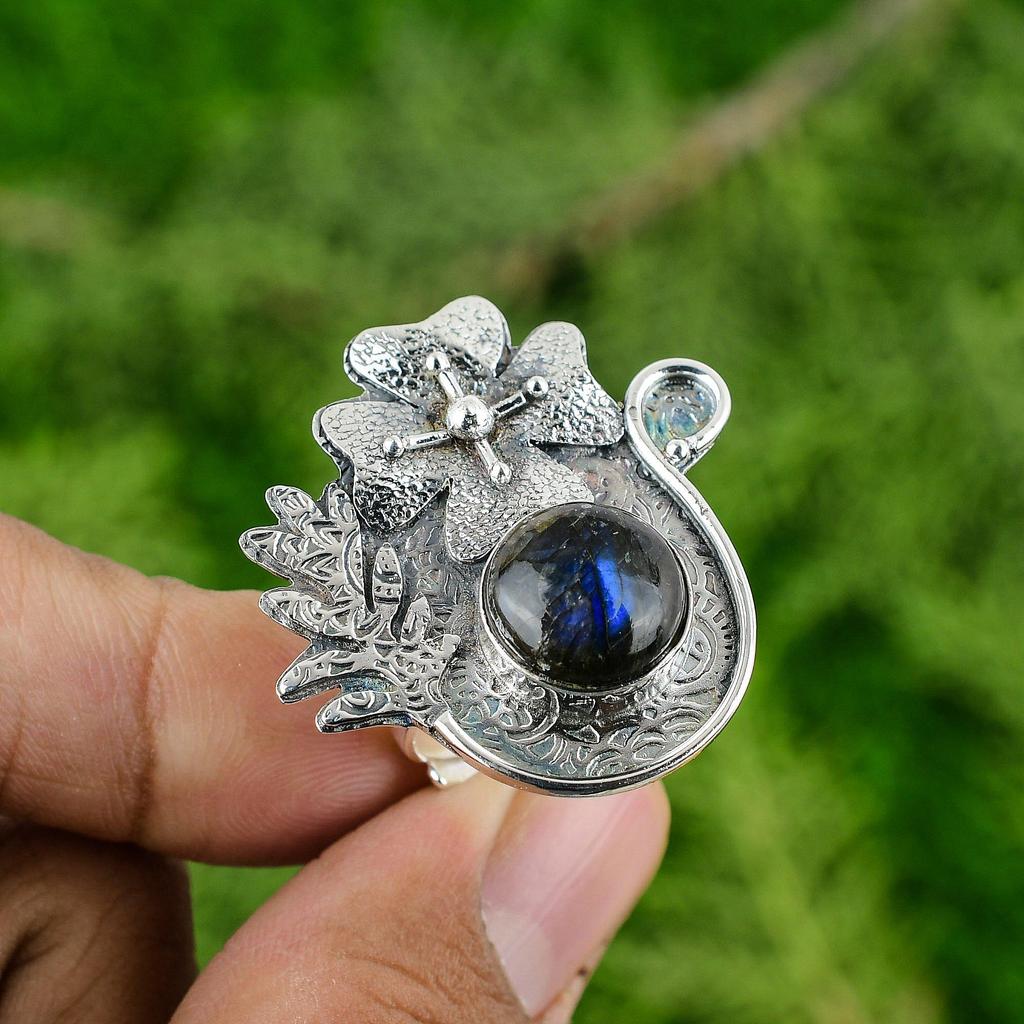 Natural Labradorite Stackable Flower Adjustable Ring 925 Silver For Girls