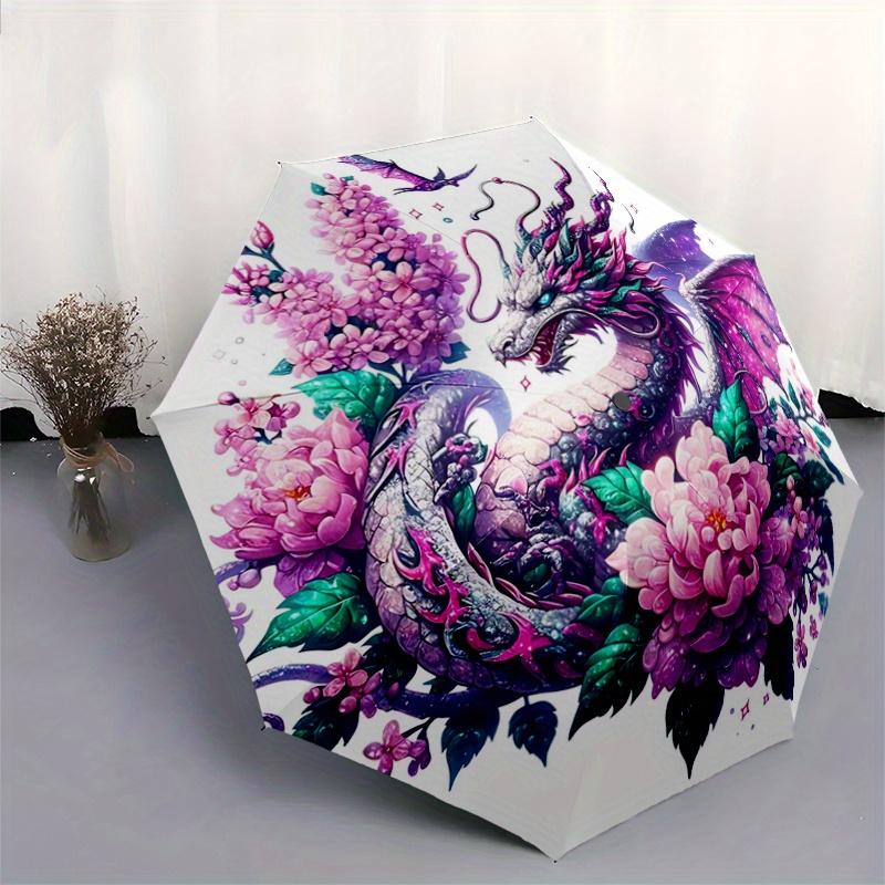 1pc Fantasy Dragon Floral Umbrella: Automatic Opening/Closing, Portable 3-Fold Design, 8-Bone Iron Frame, Outdoor, Perfect Festival Gift for Fans