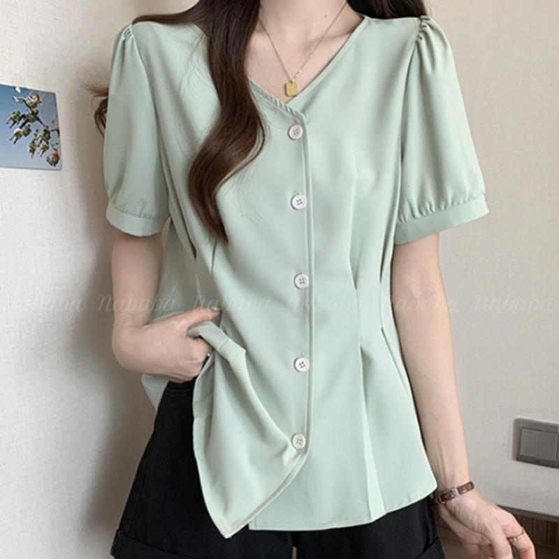 Navava Women Vintage Plain Asymmetrical Short Sleeve Blouse Nb2240