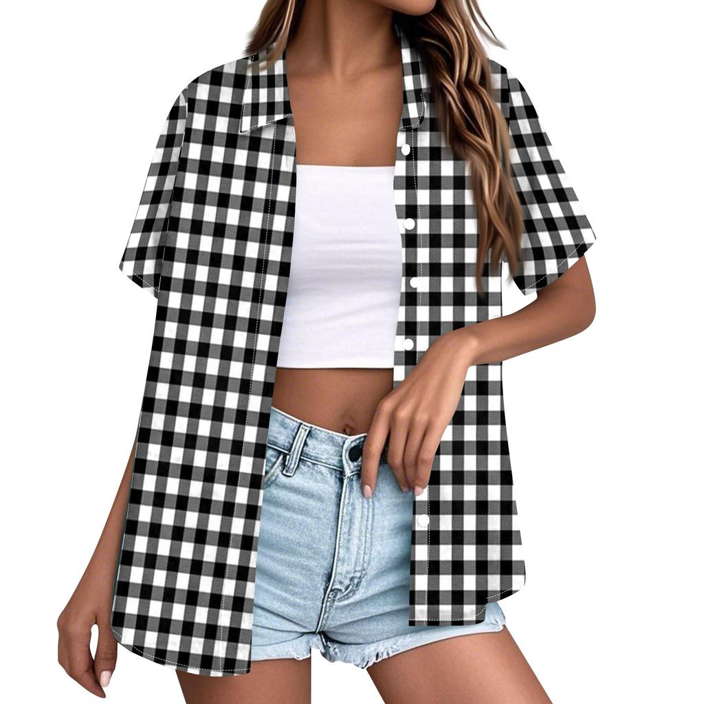Women's Short Sleeve Button Down Shirt Loose Fit Casual Collared Blouse Summer Top