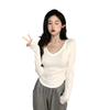 Pure lust hot girl white v-neck long-sleeved front shoulder T-shirt women's autumn slim-fit bottoming shirt super body top
