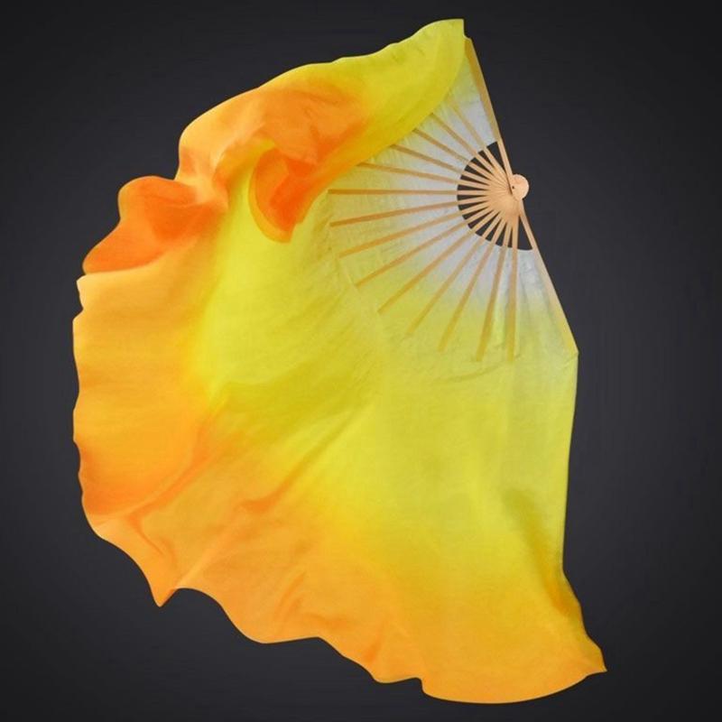 1Pc Professional 100% Real Silk Fan Veil Chinese Folk Art Silk Fan Belly Dance Props Fans Gradient White/Yellow/Orange