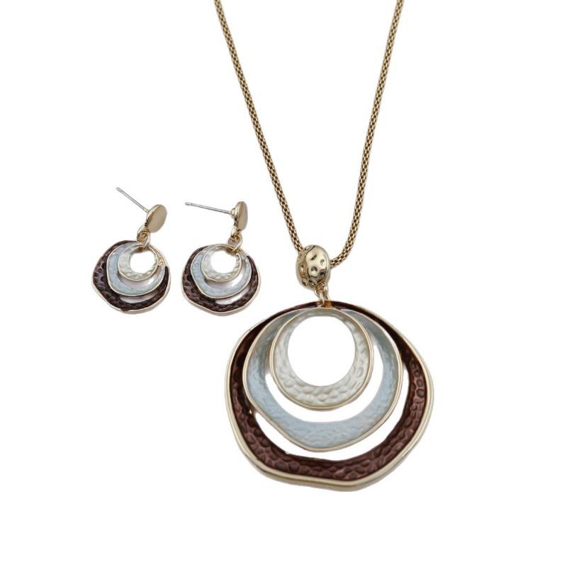 New enamel three-layer round ring stud earrings pendant set, women's simple and advanced sense hollow ring necklace
