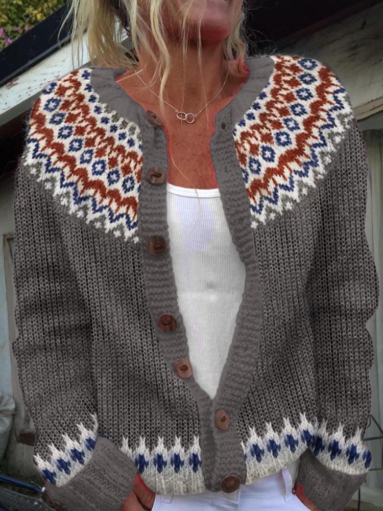 Women's Pink V-Neck Knit Cardigan with Jacquard Floral Pattern