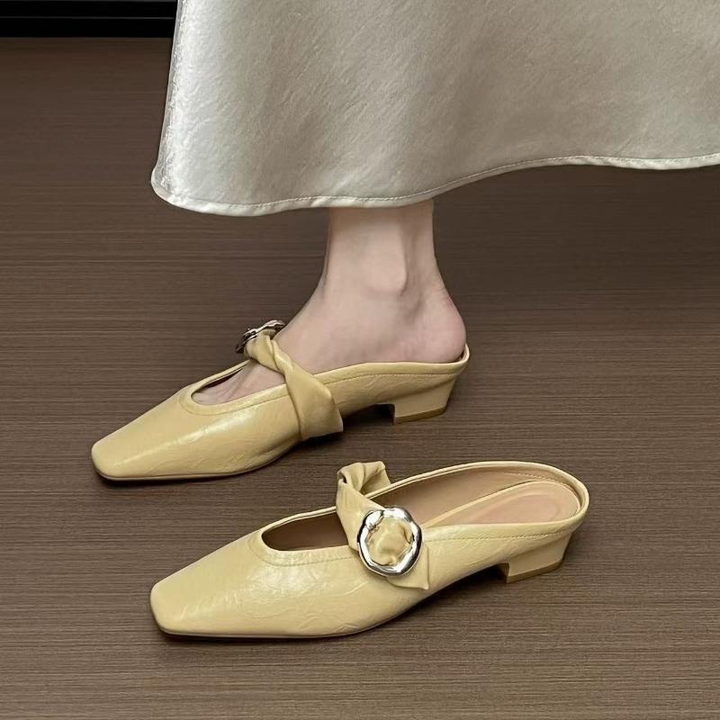 Low-heeled Slippers Autumn New Square-toe Shallow-mouth Metal Buckle One-band Soft-sole Non-slip Block Heel Shoes