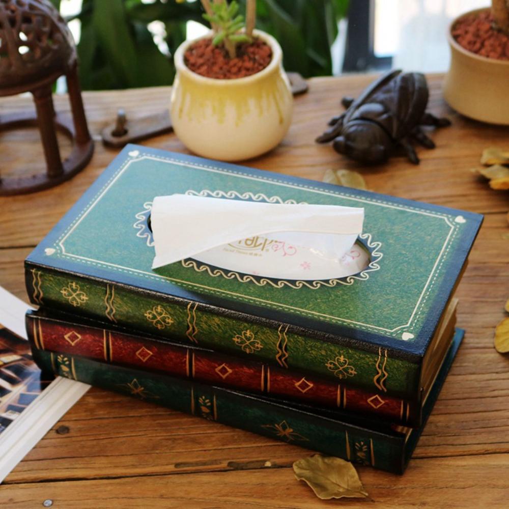 Wooden Antique Book Shaped Napkin Box Tissue Holder Wipes Storage Case Paper Towel Dispenser