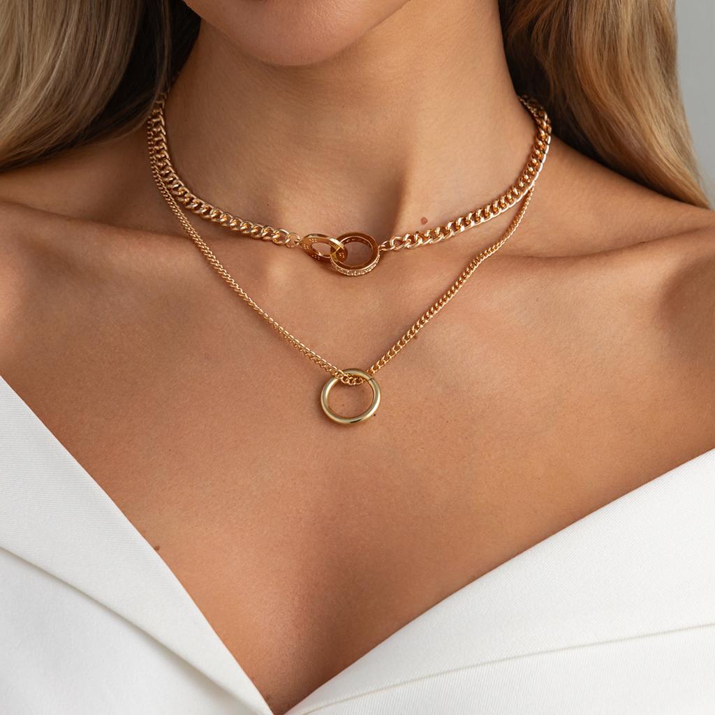 Fashion Office Style Rhinestone Buckle Double Ring Necklace, Unique Versatile Multi Layer Stackable Choker For Women