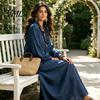 Casual Midi Dress Women Ruffle V Neck Long Dress, Loose Fit Dresses Solid Color Sleeves for Spring Autumn