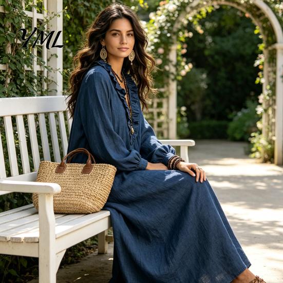 Casual Midi Dress Women Ruffle V Neck Long Dress, Loose Fit Dresses Solid Color Sleeves for Spring Autumn