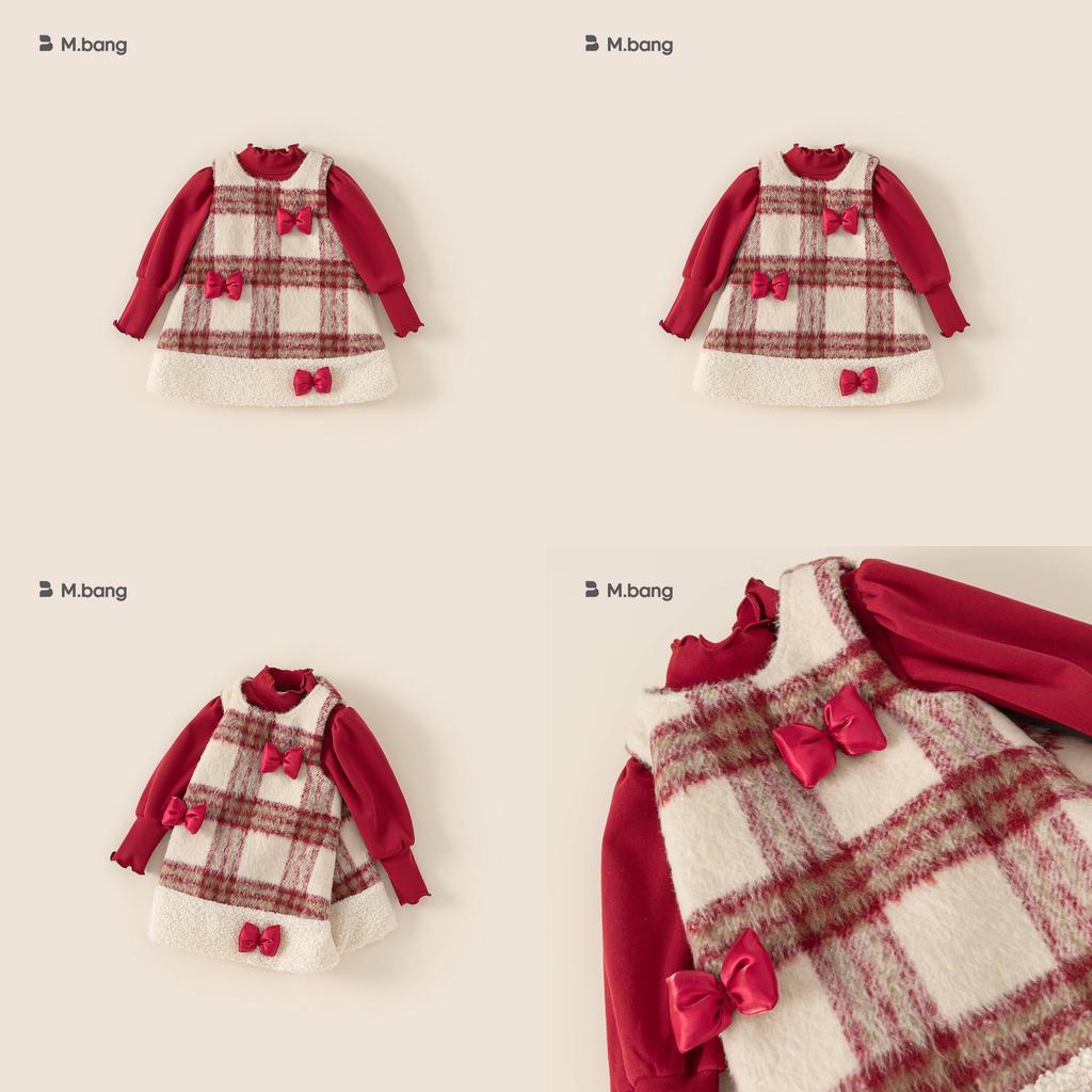 Red Top Bowknot Checkered Vest Skirt Christmas Set Children Autumn Clothing For Ages 3 To 8