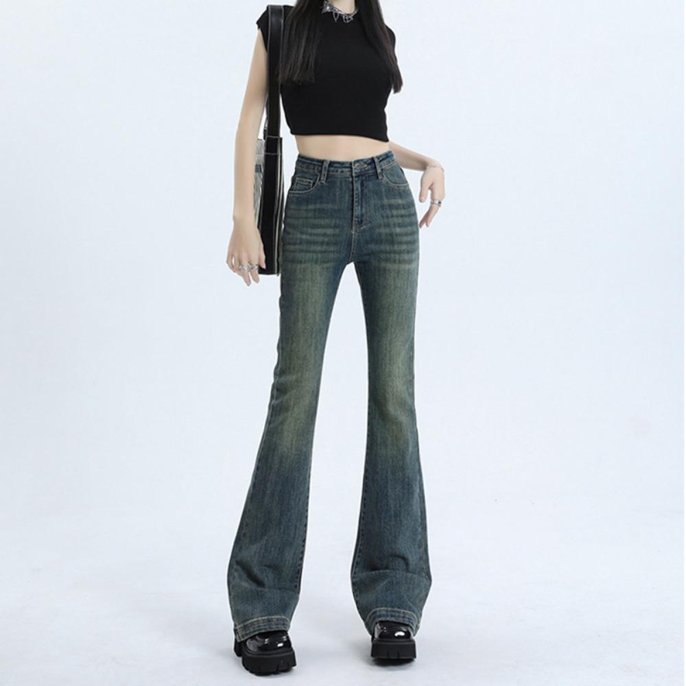 Personalized micro-pull jeans women's spring and autumn new high-waisted horseshoe pants versatile American retro horn jeans