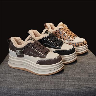 Pantofi de iarnă cu platformă grosime pentru femei Pantofi de mers cu șireturi, anti-alunecare, cu căptușeală din blană artificială, pantofi de tenis pentru femei, din piele PU, căptușiți cu lână