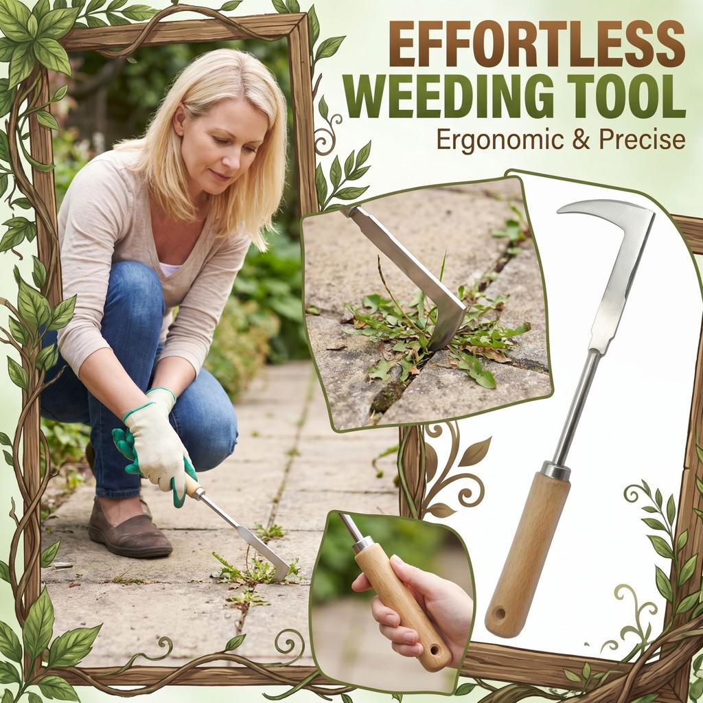 L Shaped Stainless Steel Gap Weeder with 7 Shaped Angled Blade and Wooden Handle for Garden Weed Removal and Soil Maintenance