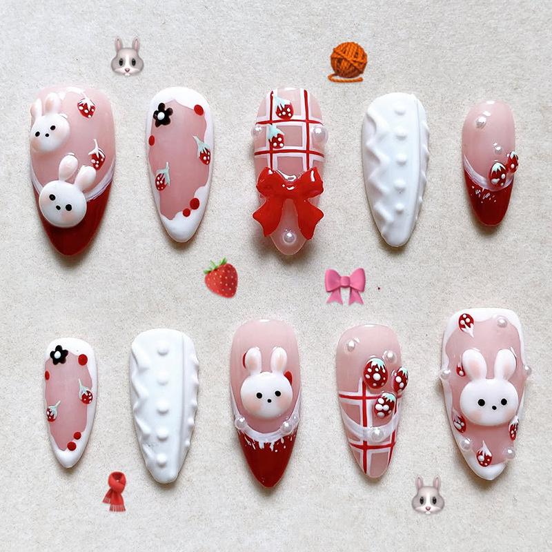 24PCS 3D Cartoon Cat Cute Almond Press On Nails Simple Light Green Blush Fake Nails Silver Star French Wearable Manicure Fashion