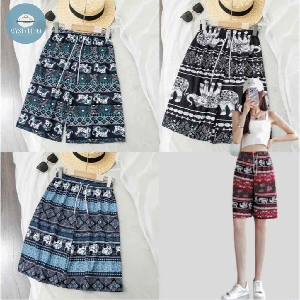 Elephant Pants Shorts Casual Adjustable Elastic High Waistband Strap Rope Women Men Unisex Print Thailand Streetwear Beach Bohemian Retro Vintage Boho