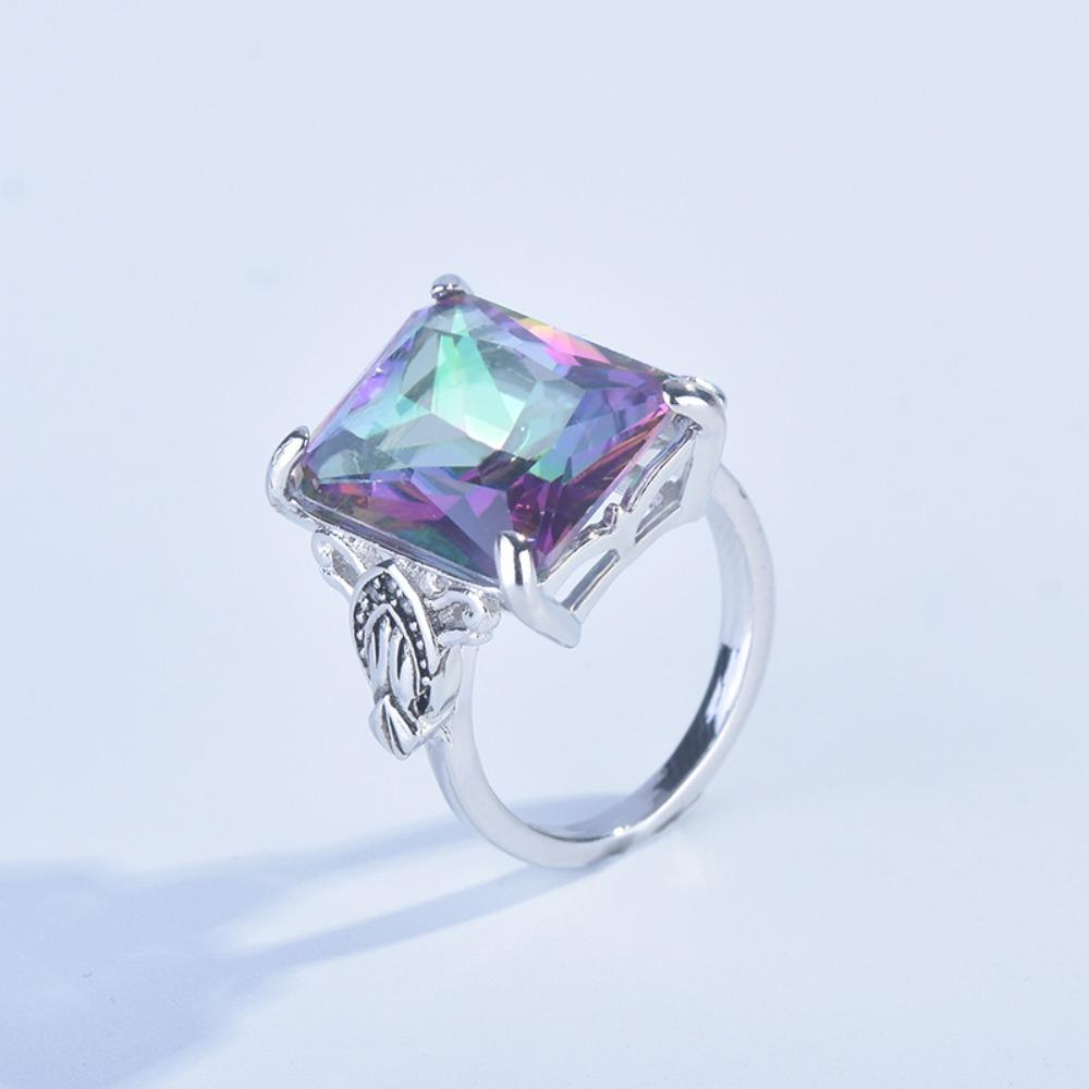 Women Fashion Rainbow Topaz Square Ring Creative European Design Colorful Stone Jewelry