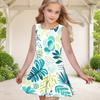 Girls Round Neck Sleeveless Tropical Leaves Printed A Line Flared Dress