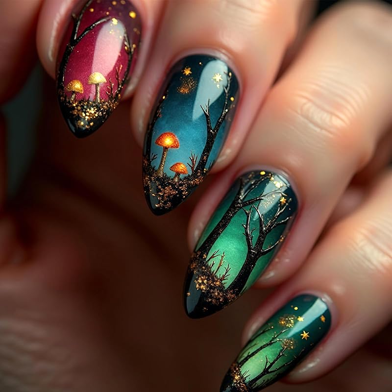 Halloween Press on Nails Medium Almond Fake Nails with Designs Cute Ghost Stick on Nails Rainbow Swirl False Nails Bat Acrylic Nails Cobweb