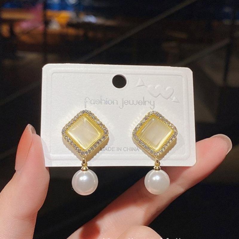 Opal Crystal Square Rhombus Round Imitation Pearl Drop Earring for Women New Simple Geometry Zircon Girlfriend Gift