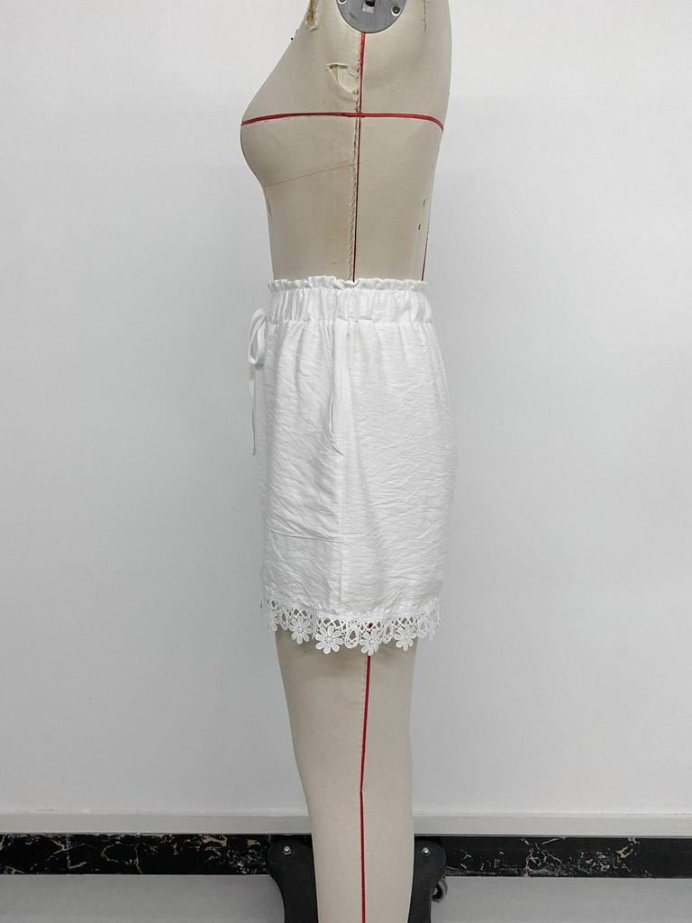 2026 Resort Style White Lace Patchwork Drawstring Shorts