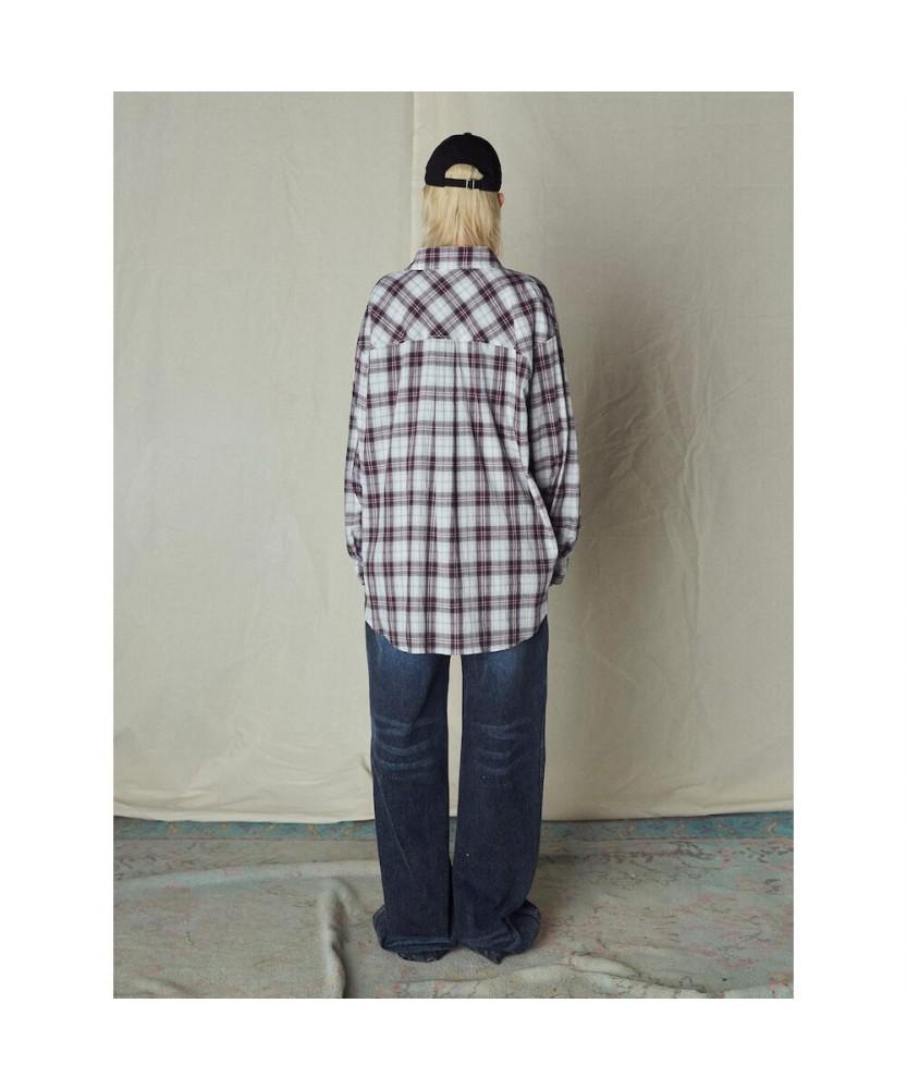 Saendeusaundeu (Unisex) Big Check Oversized Shirt Wine