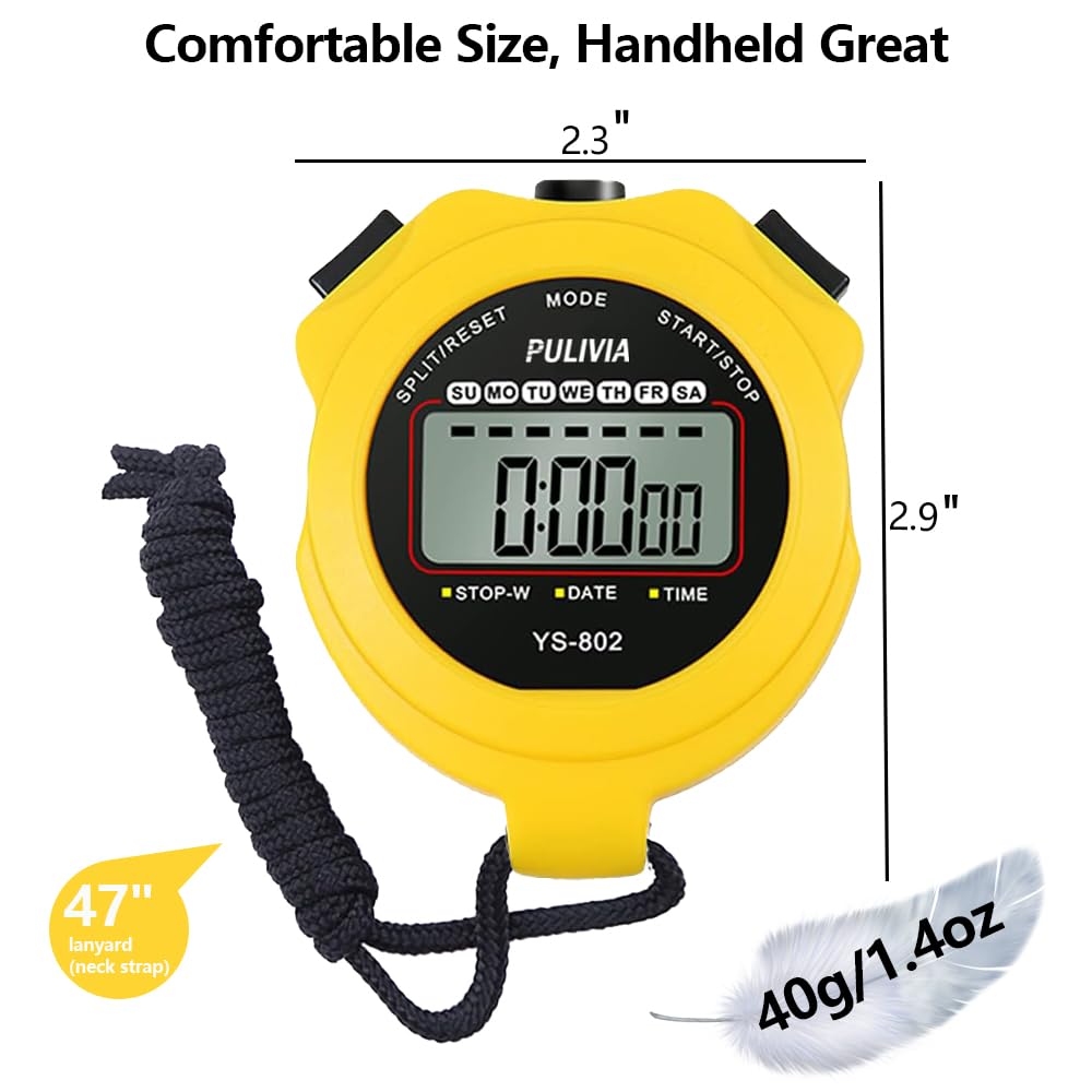 PULIVIA Sports Stopwatch Single Lap Split Digital Stopwatch for Sports Kids and Yellow Timer, Coaches, Swimming, Running,