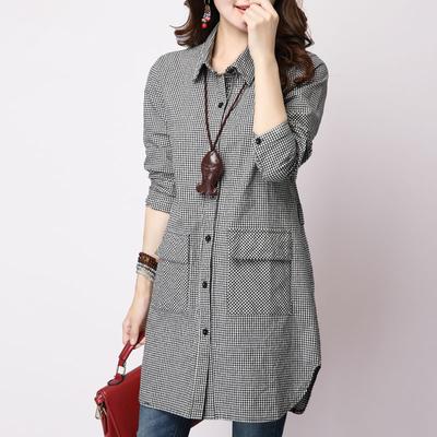 Spring Autumn Plus Size Women's Clothing Literary Plaid Cotton Linen Shirt Women's Long-sleeved Shirt Mid-length Top Loose Coat Comfortable Clothing