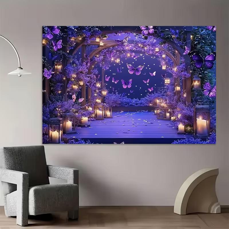 2D Purple Floral Arch Backdrop with Lanterns & Butterflies for Wedding Ceremony