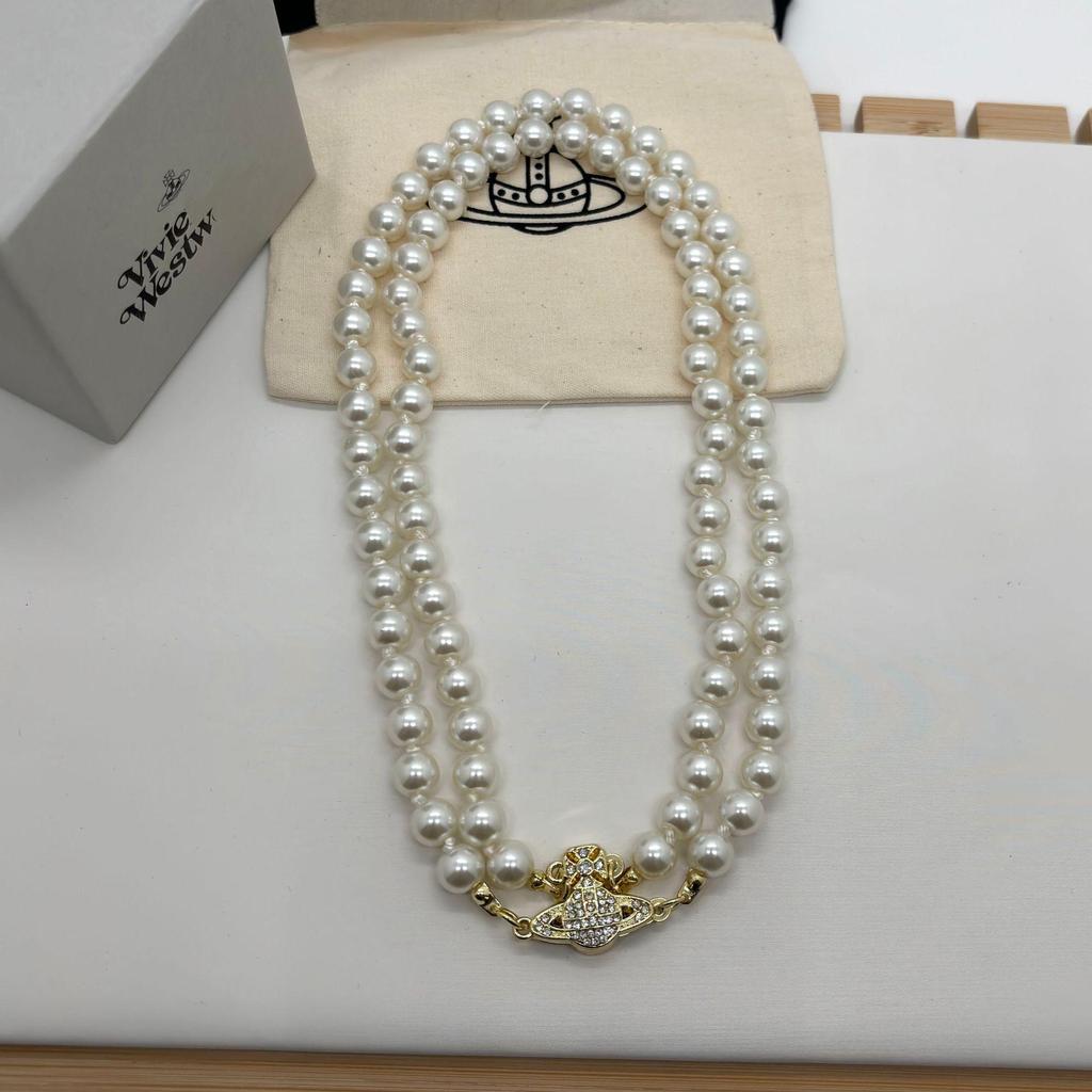 Vivienne High-End Three-Layer Pearl & Diamond Saturn Necklace for Women