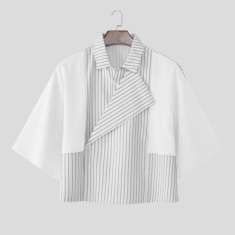 INCERUN Summer Men Lapel Neck Short Sleeve Striped Splicing Casual Short Cropped Shirts XL белый